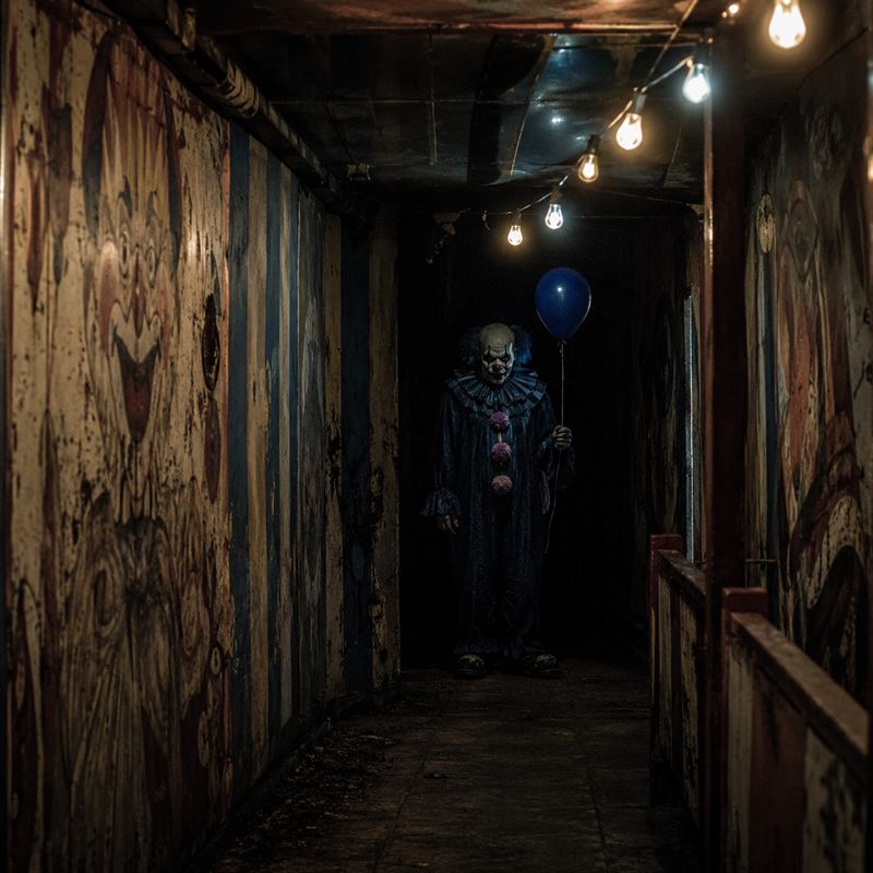 Clown inquiétant tenant un ballon bleu dans un couloir de train fantôme, déguisement Halloween adulte