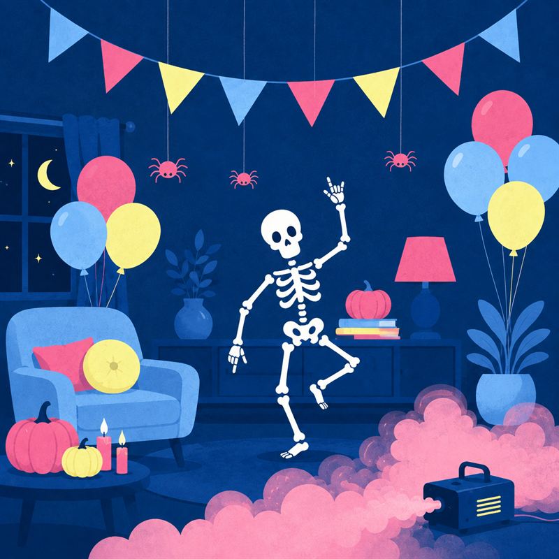 Squelette dansant dans un salon décoré de guirlandes, ballons, citrouilles et machine à fumée pour une fête d'Halloween