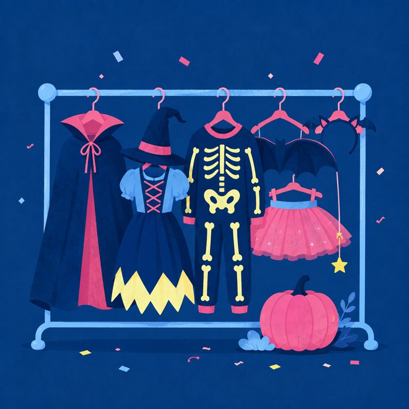 Portant de déguisements Halloween enfant : cape de vampire, robe de sorcière, combinaison squelette et tutu de chauve-souris