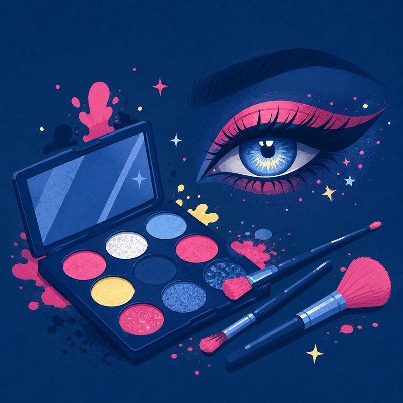 Palette de maquillage colorée et pinceaux avec un oeil maquillé, maquillage Halloween pour enfants